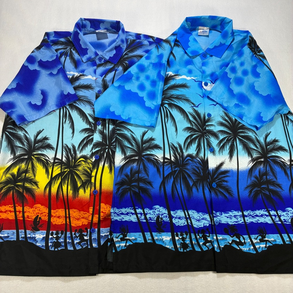 LA LEELA Tropical Hawaiian Shirt Lot 2 Pack Men XS Palm Tree Sunset Blue Beach